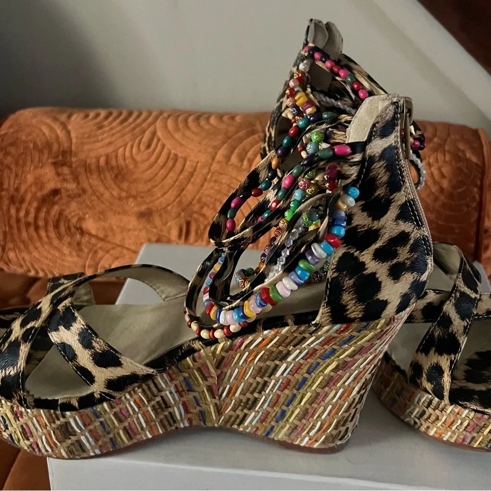 Leopard Print Beaded Ankle-Strap Wedge Sandals - Women